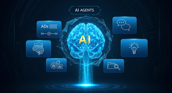 AI Artificial Intelligence Machine Learning Brain Concept Digital Blue Copy Space