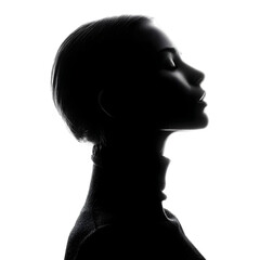 Silhouette of a woman s profile with eyes closed tilted head upwards against a white background