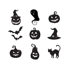 Black Halloween Silhouette Icon Set: Vector Symbols of Pumpkin, Ghost, Bat, Witch Hat, and Cat