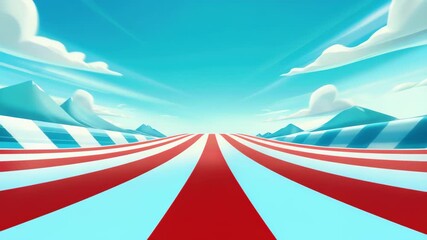 Skyward Path: An eye-level shot captures a vibrant race track, where dynamic lines stretch into the horizon, underscored by a crisp blue sky with fluffy clouds.