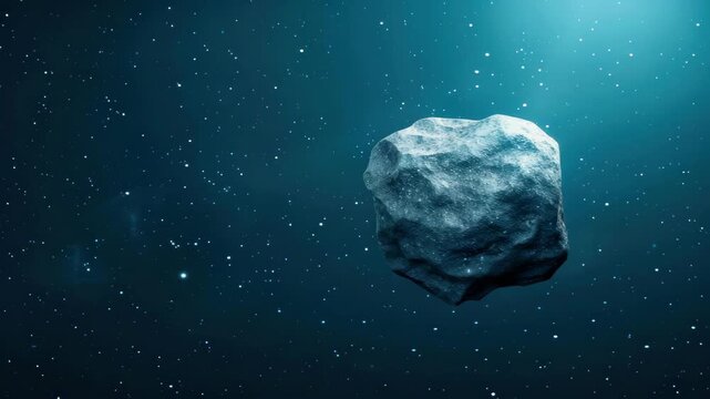 Celestial Wanderer: An asteroid drifts serenely through the inky blackness of space, its rugged surface catching the faint light of distant stars. The solitary journey emphasizes cosmic isolation.