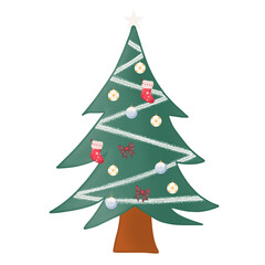 Decorative Christmas tree with ornaments and star topper, isolated PNG for festive digital artwork.
