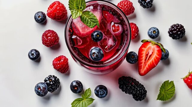 Berry Refreshment: A close-up shot of a vibrant beverage, surrounded by an assortment of fresh berries and mint leaves, offering a taste of summer.