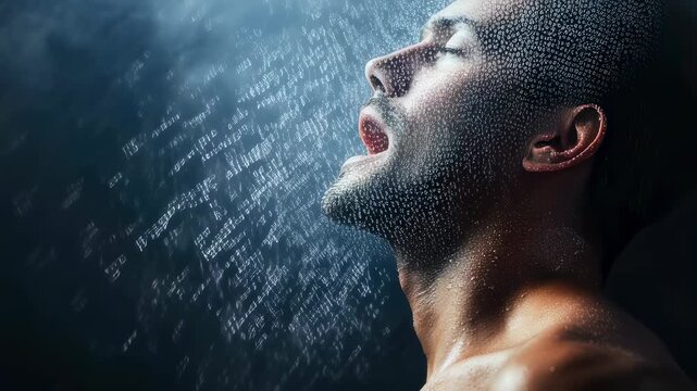 Refreshing shower experience with cascading water over relaxed man