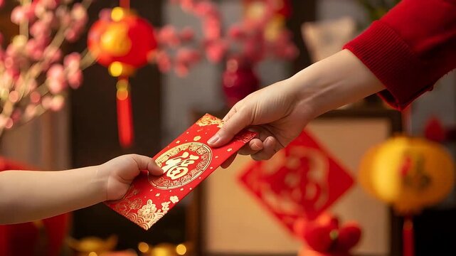 Adult hand giving a decorative red envelope to a child's hand, celebrating Lunar New Year traditions.