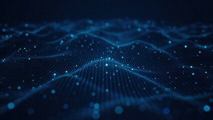 Abstract dark blue digital wave with glowing particles and grid lines creates a futuristic background