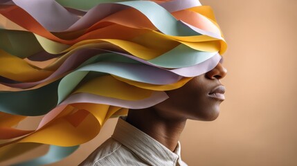 Person with colorful ribbons flowing around their head creates a striking visual effect against a plain background