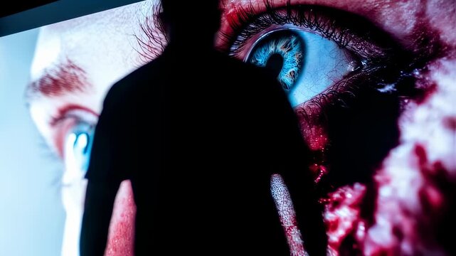 Silhouette observing digital eye display with red pattern in highresolution art installation