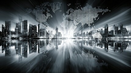 City skyline reflection with world map overlay in grayscale with bright light.