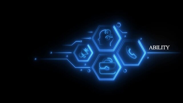Ability .Abstract neon Hud knowledge ability business gear icon Glowing neon line concept. Glowing .button ,concept animation. Business, Technology, Internet and network concept.4k video