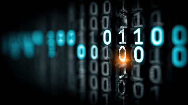 Binary code with glowing digits on a dark background represents digital information.