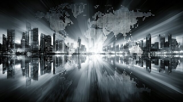 City skyline reflection with world map overlay in grayscale with bright light. - Powered by Adobe