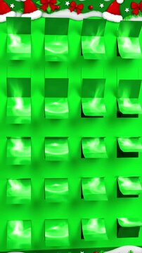 Green Screen christmas advent calendar window reveals to 24 illustrated windows animate open chroma scene 3 with distortion, overlay, glitch, static noise, scan lines on black background, 4k animated