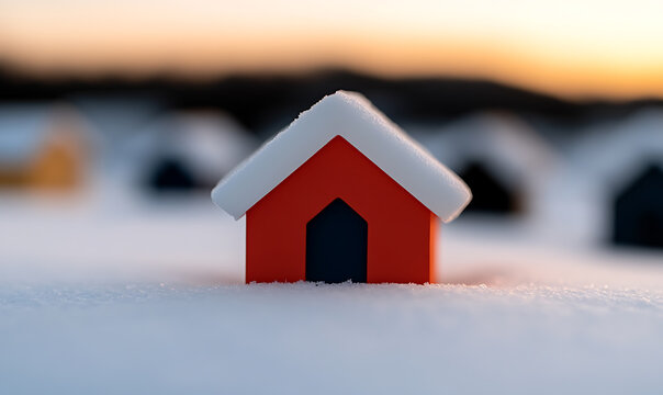 Cozy winter home scene: a small, bright red house sits nestled in a blanket of fresh snow, its roof adorned with a layer of white. other houses are in the background.
