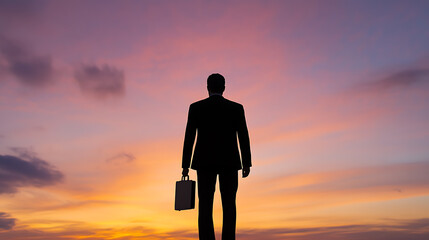 Silhouette of a businessman holding a briefcase against a vibrant sunset. Standing firm, he faces the horizon, embodying ambition and determination in his business endeavors.