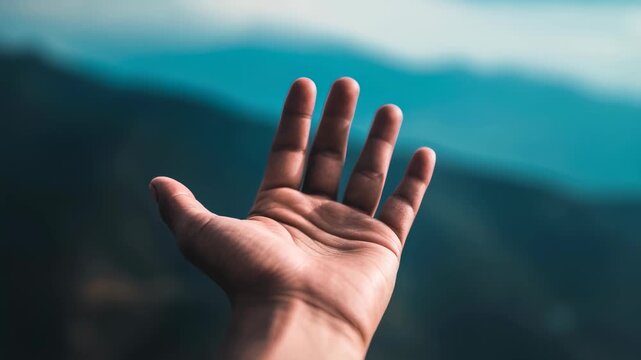 Open hand gestures against mountainous landscape: freedom, exploration, connection