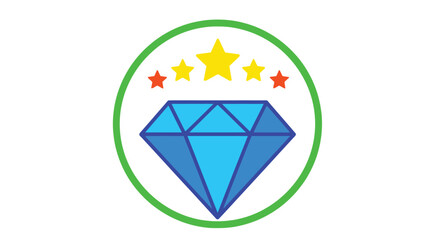 A vibrant design featuring a blue diamond with surrounding stars and a green oval