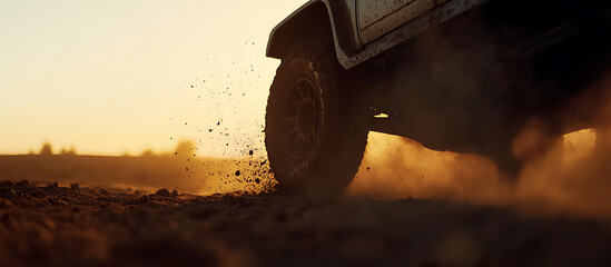 Off-roading adventure at sunset with a rugged vehicle. Dust and dirt fly as the tire grips the terrain, capturing the spirit of exploration and excitement.