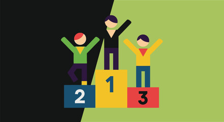 Three stylized figures celebrating victory on a colorful podium