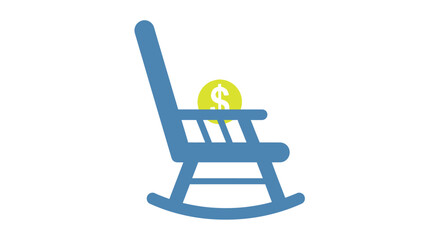 A blue rocking chair with a falling golden coin above it