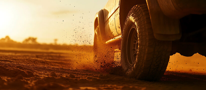 Dusty off-road adventure unfolds as a vehicle navigates a dirt track at golden hour. Explore the thrill of the journey in this captivating low-angle shot. - Powered by Adobe