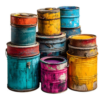 A collection of weathered and colorful old paint cans stacked together against a clean white background