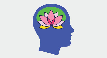 A human head silhouette containing a blooming pink lotus flower image