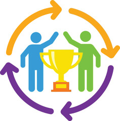 People celebrating success with a trophy surrounded by colorful circular arrows