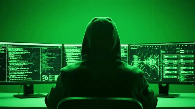 Green Screen rear view of hooded anonymous scammer hacker at table with chromakey multiple display during an attack on credit cards big data servers the network scene 3 distortion, overlay, glitch