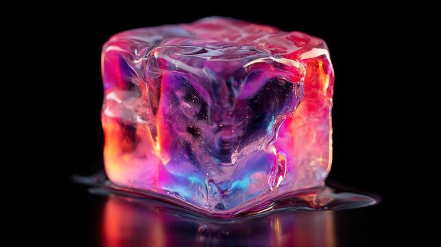 Colorful ice cube melting on a black surface with vibrant hues reflecting in its clear structure
