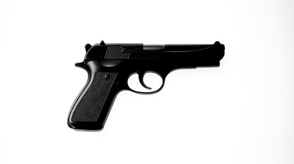A sleek, black pistol isolated on a stark white backdrop, its design highlighting the contours and functionality of the firearm, perfect for studies of weapon design.