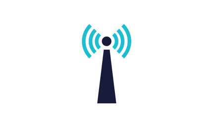 Simple graphic illustration of a dark blue wireless signal tower on teal