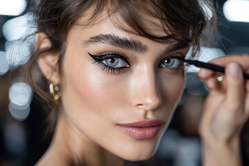 Model applying bold eyeliner at a fashion event backstage in the evening