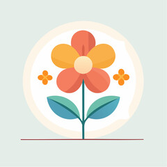 Stylized orange and yellow flower with green leaves on a light blue background with subtle circle overlay and clean lines