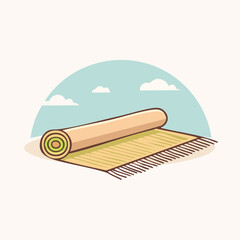 Light Brown and Yellow Mat With Fringes Rolled Out On Tan Surface Under Pale Blue Sky With Clouds