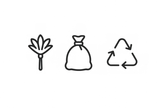 Cleaning service outline icons illustrating duster, trash bag, and recycling symbol on transparent background