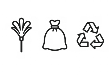Cleaning, waste management, and recycling line art icons showing a duster, trash bag, and recycle symbol on a transparent background