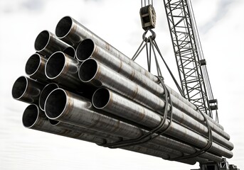 A crane lifting a bundle of large steel pipes against a cloudy sky. The pipes are cylindrical and metallic, showcasing a construction or industrial theme.