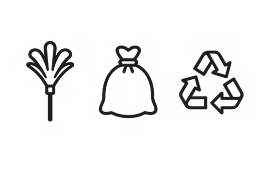 Cleaning, waste management, and recycling line art icons showing a duster, trash bag, and recycle symbol on a transparent background
