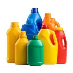 A vibrant assortment of colorful plastic detergent bottles is artfully arranged on a clean white studio background