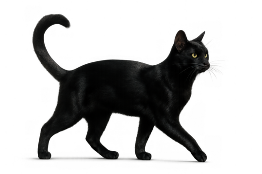 Black cat walking with yellow eyes and tail up, isolated domestic feline on transparent background, side view