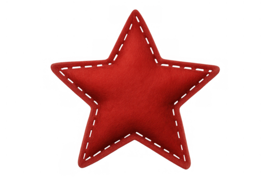 Red felt star ornament with white stitching, plush texture, handmade craft, perfect for decoration and holidays, transparent background