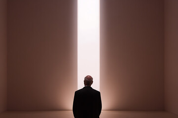 Solitary figure faces bright light at the end of the tunnel. Symbolic imagery evokes themes of transition, hope, and an unknown future. The light represents clarity.