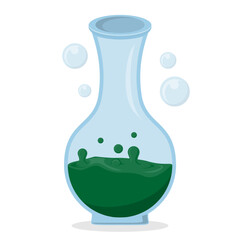 Magic Potion Bottle Vector – Green Liquid in Glass Flask with Bubbles, Flat Cartoon Chemistry Icon, Fantasy Poison Elixir for Games, Halloween, Magic, Science, and UI Design