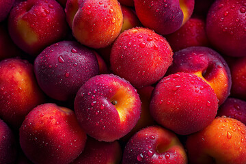 Fresh peaches with water droplets in close-up view
