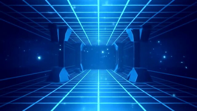 Futuristic digital landscape with glowing grid and cosmic elements