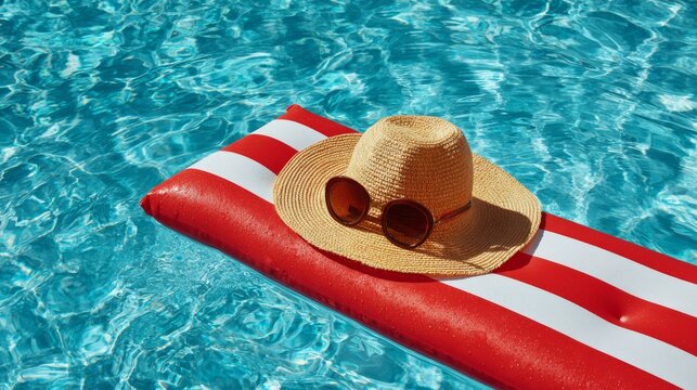 Relaxing on a pool float with a sun hat and sunglasses on a warm summer day