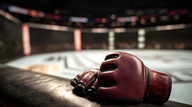 Pair of red mixed martial arts gloves lying on the padded rail of an empty fighting octagon, symbolizing combat, competition, and the intense world of professional fighting sports