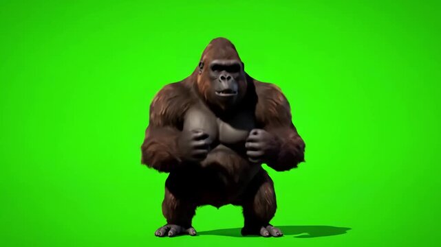 Green Screen funny brown gorilla fighting super realistic fur and hair 4k animation scene 3 with distortion, overlay, glitch, static noise, scan lines on black background, animated video loop