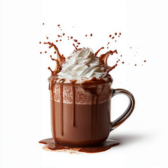 Splashing hot chocolate with whipped cream and cocoa powder